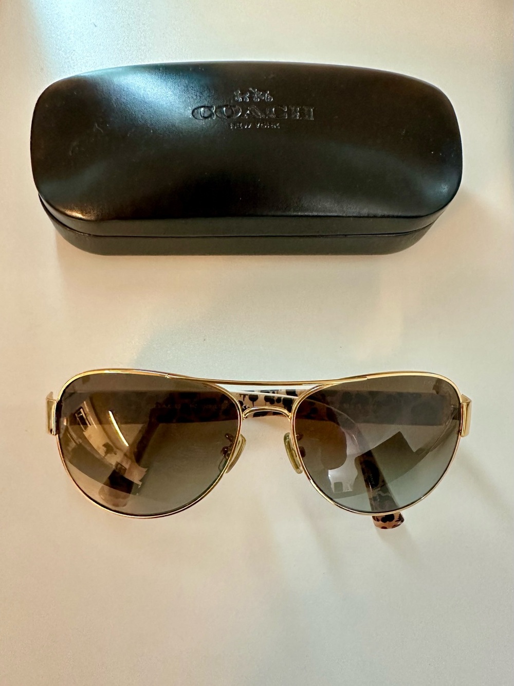 Coach Gold Aviator Sunglasses with Brown Gradient Lenses and Leopard Temples